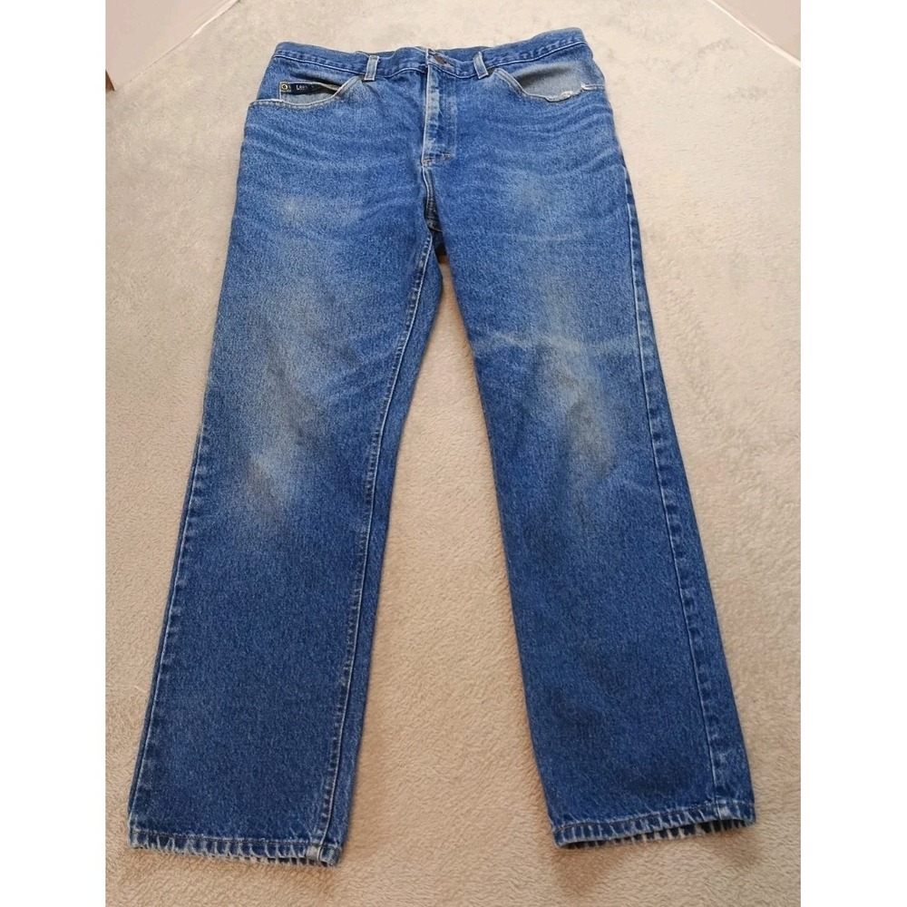 Vintage Lee Jeans Mens Size 36x30 Leather Patch Blue Lee Patch Cowboy Workwear.